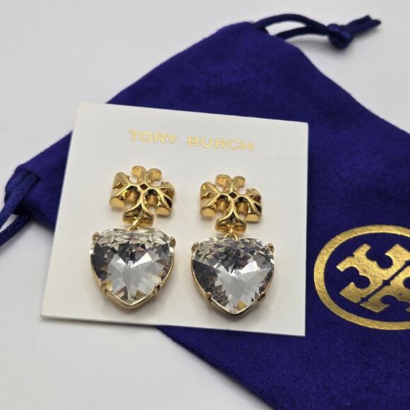 NEW Tory Burch Roxanne Czech Stone Heart Drop Earrings Bold Gold Logo Statement - Picture 3 of 7